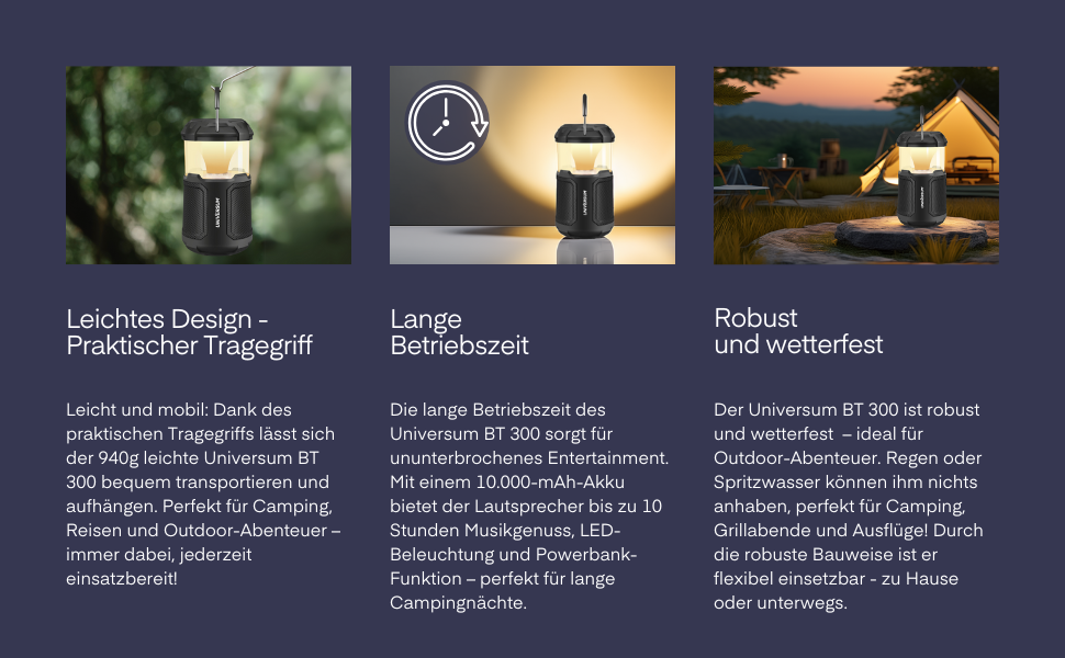 Портативна Bluetooth Колонка Universum BT 300 з LED-ліхтарем та Powerbank - 20W, SD-карта, AUX, 10000mAh, 2300 LUX, вологостійка