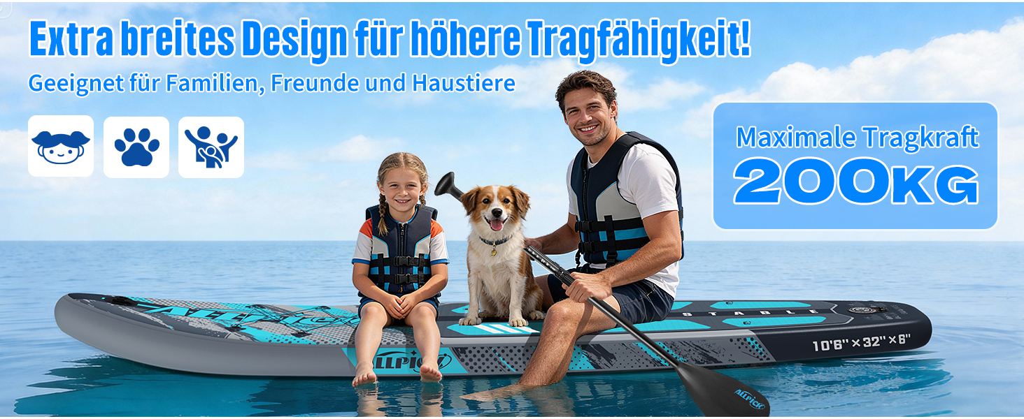 Надувний SUP Борд ALLPICK Premium Set: Комплектація для початківців та просунутих, з камерою, регульованим веслом, 200 кг, колір: ошм'ятково-блакитний