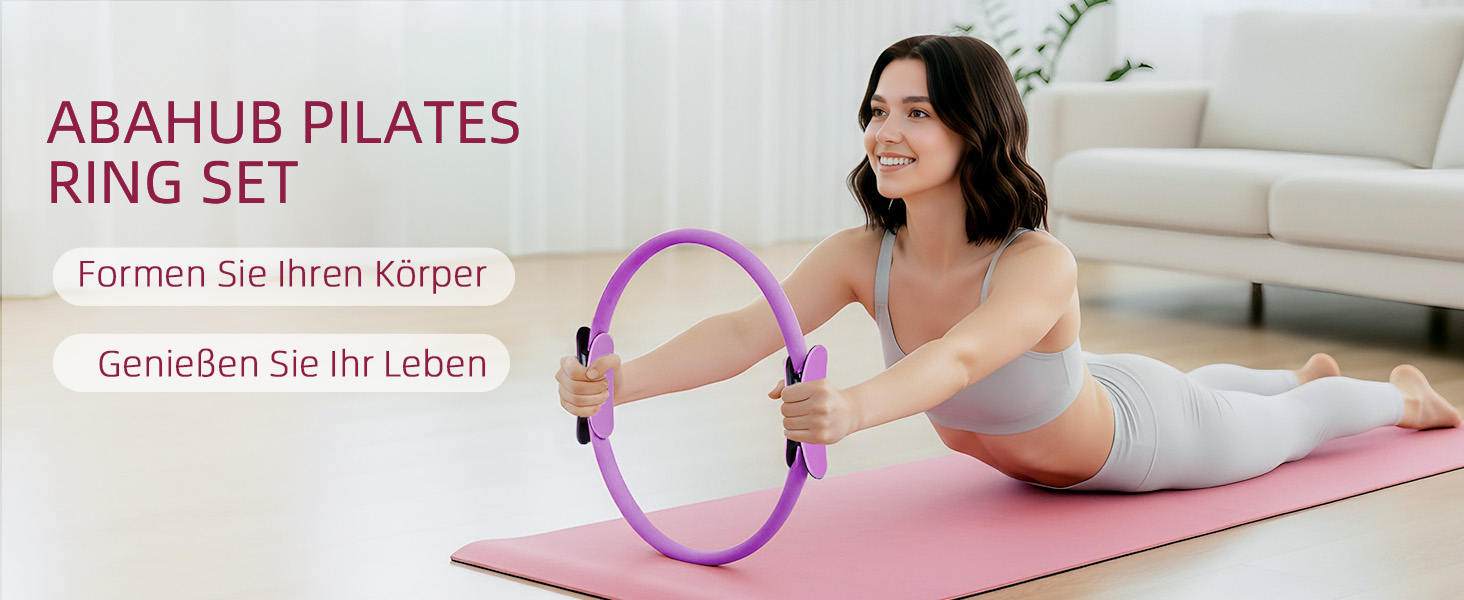 Набір для пілатесу Abahub: кільце 35см, м'яч 25см, 5 еластичних стрічок, шкарпетки для йоги, ковзаючі диски. Для жінок, домашні тренування, сила, гнучкість, стабільність та підтяжка тіла (фіолетовий)
