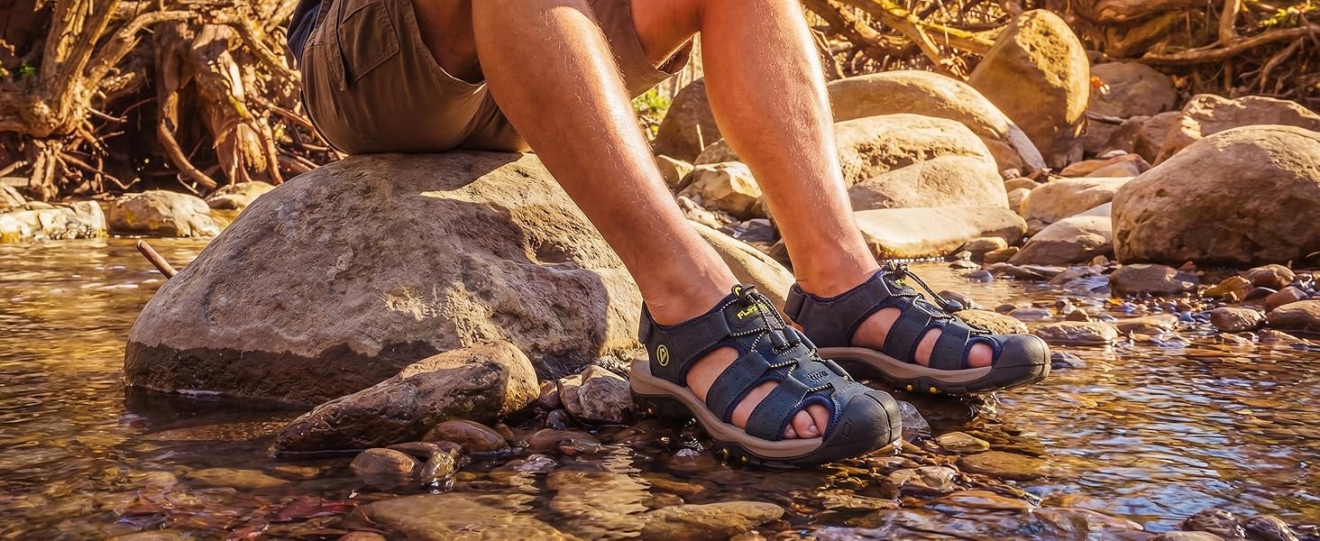 Чоловічі сандалі FLARUT для туризму, піших прогулянок та пляжу. Шкіряні трекінгові сандалі, спортивні літні кросівки 43 EU, чорні