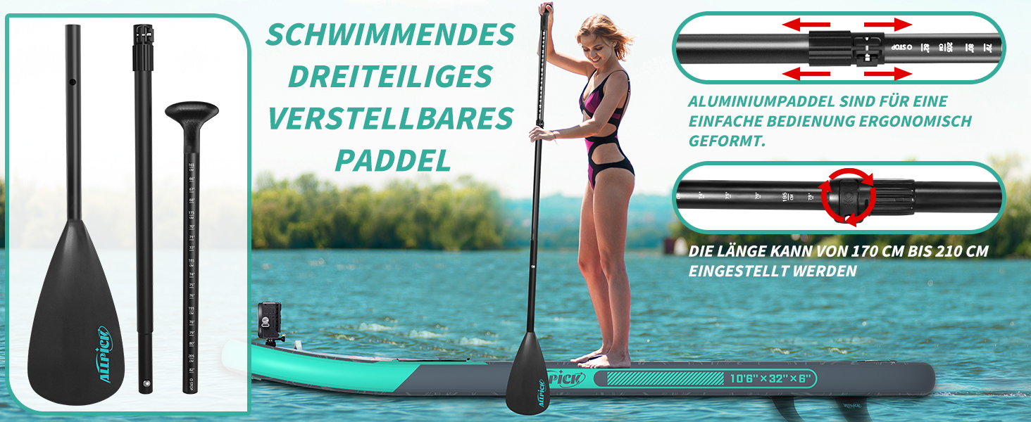 Надувний SUP-борд ALLPICK Premium Set: Комплект для станд-ап паділінгу з аксесуарами, кріпленням для камери та регульованим веслом (200 кг, Сіво-бірюзовий)