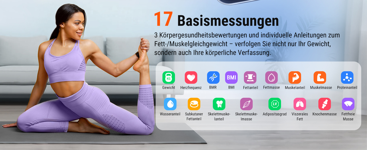 Вага для вимірювання жиру та м'язів ACCUWEIGHT з Bluetooth, аналіз тіла, вимірювання 17 показників, до 180 кг