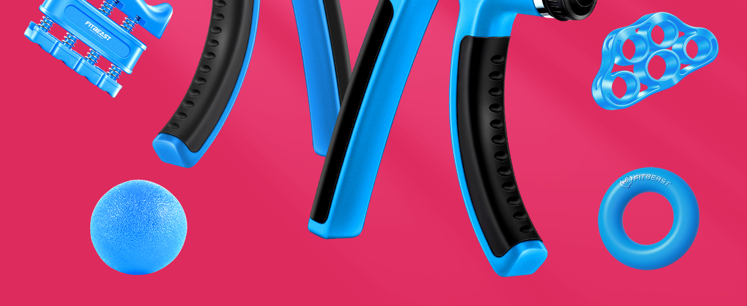 FitBeast Тренажер для рук та пальців, набір 5 шт. - регульований тренажер, тренажер для пальців, тренажер зап'ястя, кільце для тренувань та куля для зняття стресу (Світло-блакитний)