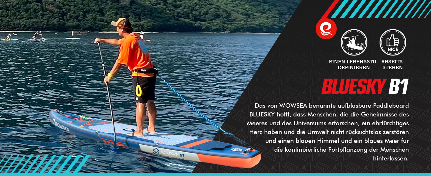 Надувний SUP-борд WOWSEA для SUP-серфінгу, йоги та відпочинку на воді. Розмір 335x81.5x15 см. Кольори: блакитний, помаранчевий