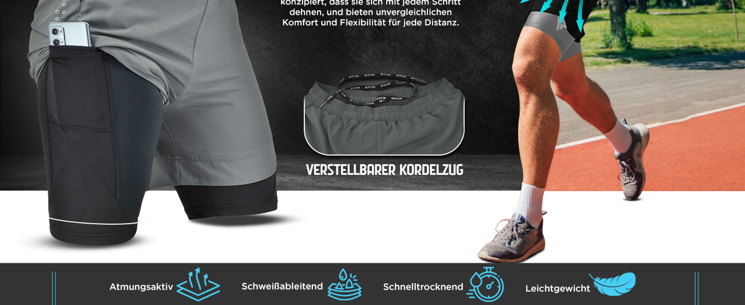 Шорти чоловічі RDX 2-в-1 для бігу та тренувань, компресійні, з кишенями на блискавках (Сірий, XL)