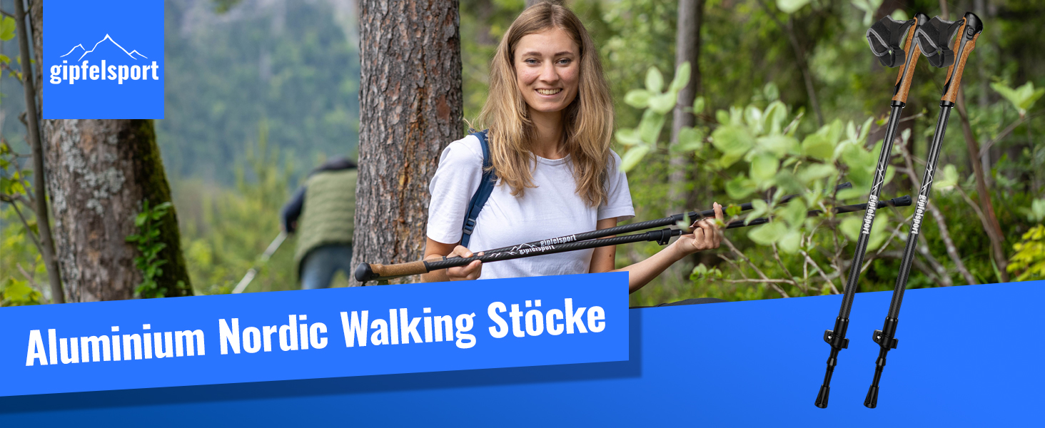 Тростини для Nordic Walking Gipfelsport: карбонові та алюмінієві, телескопічні, регулюються від 77 до 120 см, для чоловіків та жінок