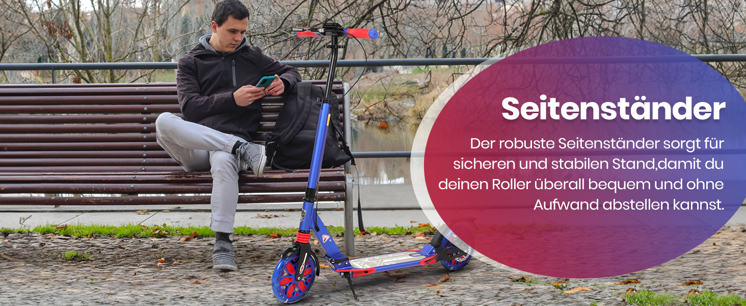 Самокат трюковий Kickscooter LED-синій, для дітей 8-12 років та дорослих, колеса 200 мм, дискові гальма, складаний, з ременем та подвійною амортизацією
