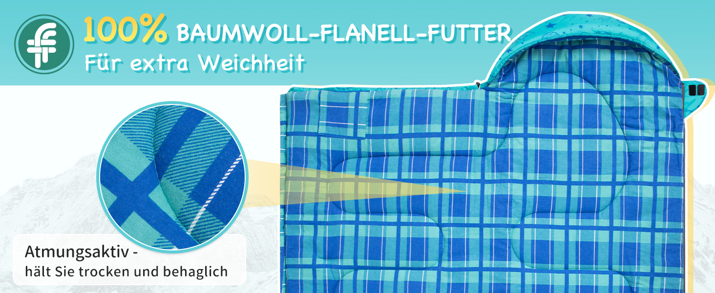 Сплячий мішок KingCamp для дітей, фланелевий, легкий, водонепроникний, компактний, зимовий, 4 сезони, для кемпінгу, підходить для дітей до 140 см, комфортна температура: 7°C, регульована довжина