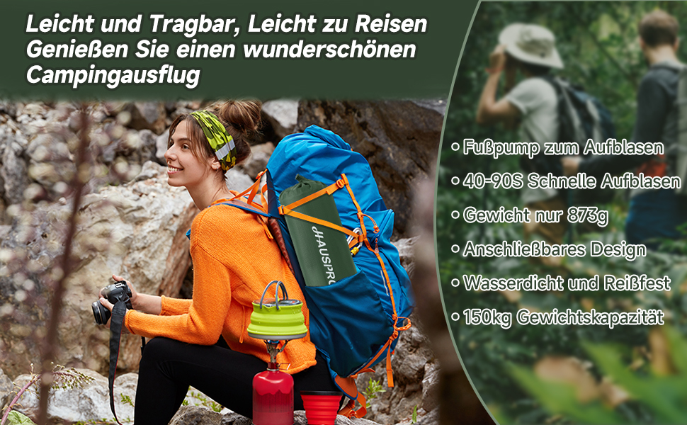 Килимок туристичний самонадувний HAUSPROFI, Ultraleicht, для кемпінгу, з помпою та подушкою, армійний камуфляж