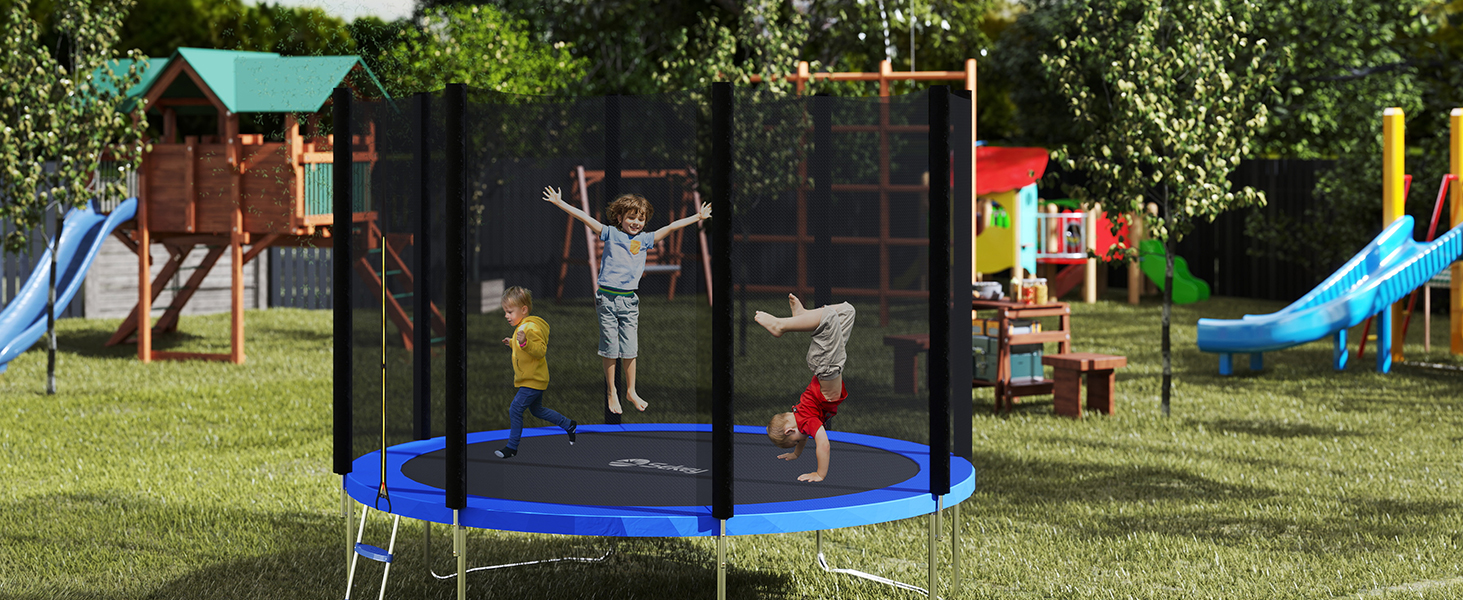 Батут Sekey Outdoor 244/305/366 см - сертифікований TÜV Rheinland GS, дитячий, для саду, з безпечним мотузковим драбиною, посиленим захисним сіткою та захисним бортиком, блакитний (305 см/10 футів)