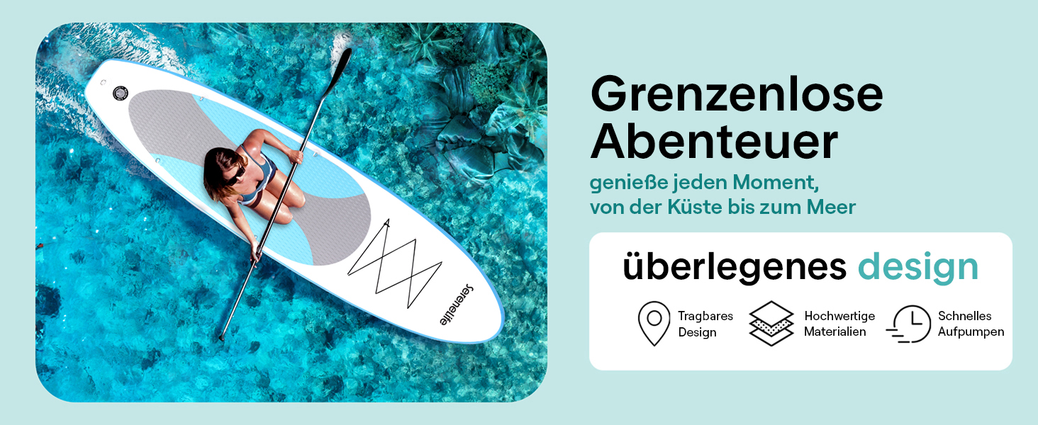 Надувний SUP СеренеЛайф для дорослих та дітей: комплект з веслом, насосом та сумкою. Touring SUP, рухлива дошка для плавання по морю, річці та озеру. Максимальне навантаження 155 кг, колір морської хвилі.