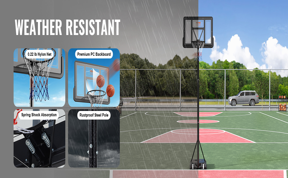 Баскетбольне кільце VEVOR вуличне з підставкою 122-305 см, регульована висота, чорне, стійке до погодних умов та іржі, мобільне (з водою/піском), діаметр 44 см
