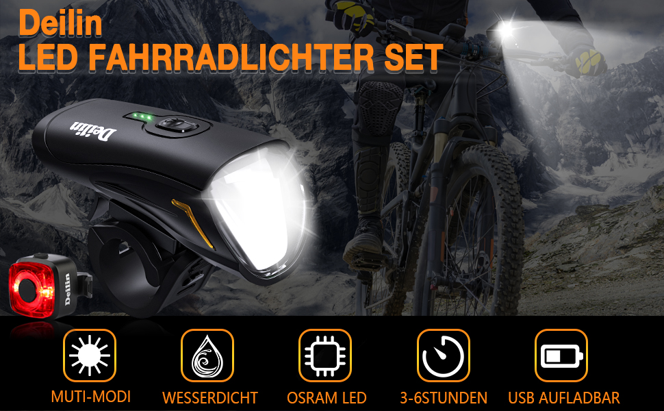 Набір велосипедних ліхтів Deilin: LED, 70 Lux, USB, водонепроникні (IPX5), переднє та заднє освітлення