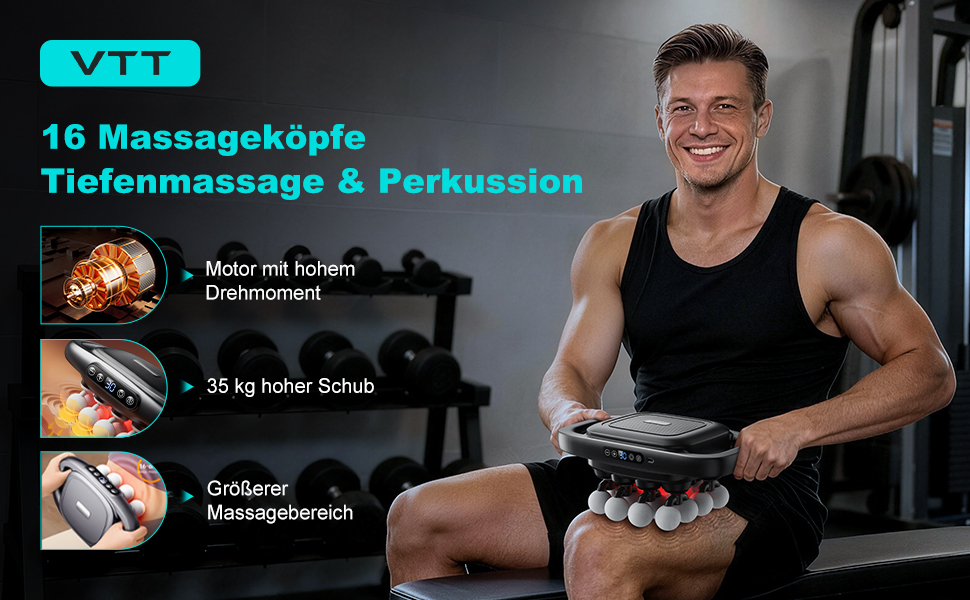 Масажний пістолет VTT з 16 насадками для глибокого масажу м'язів спини та плечей, 3 режими, 30 швидкостей, акумулятор 2600mAh