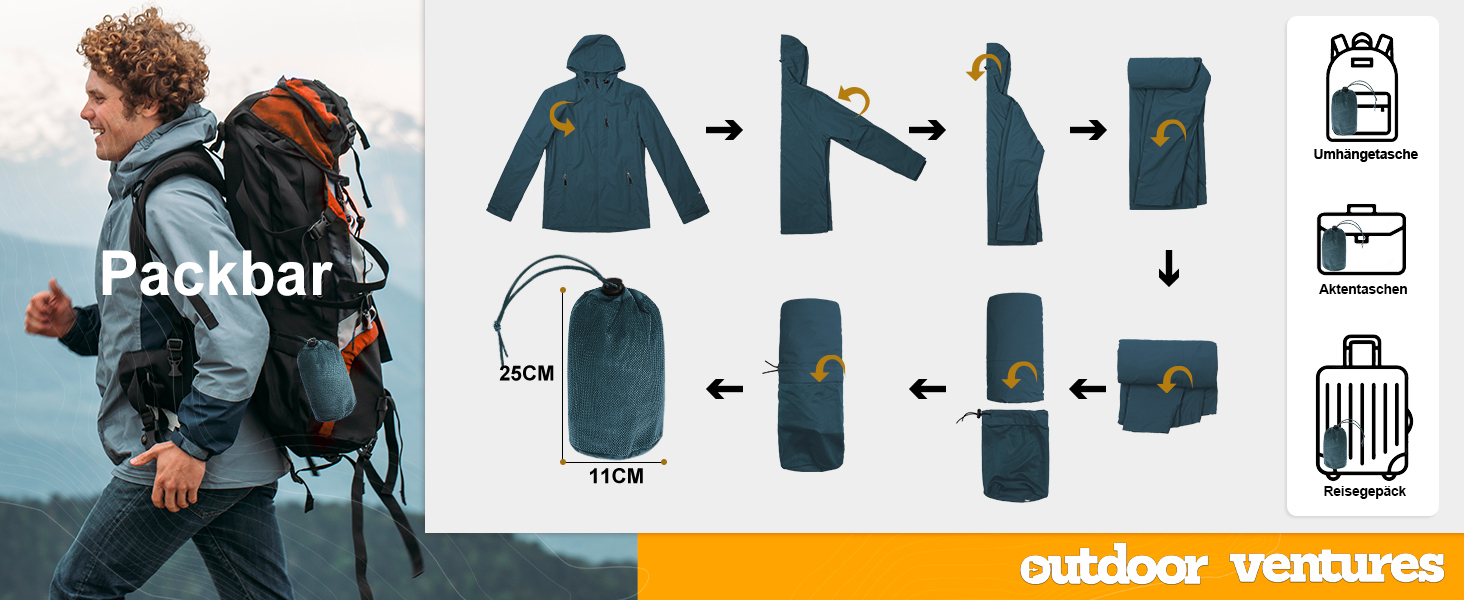 Чоловіча водонепроникна куртка-вітровка Outdoor Ventures: дихаюча легка куртка для велосипеда, хайкінгу та кемпінгу, чорна, розмір XXL