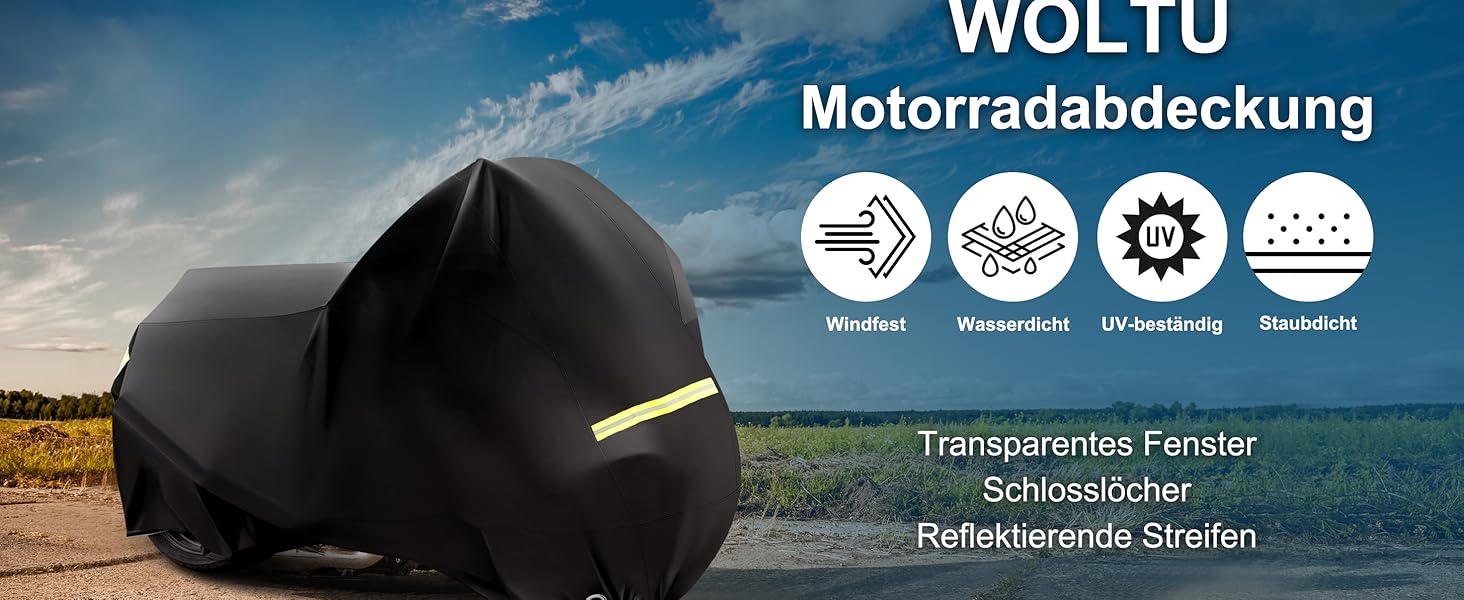 Водонепроникний чохол для мотоцикла WOLTU з тканини Oxford 210D, захисний тент від дощу, пилу та UV-променів з отворами для замків, 245×105×125 см, чорний