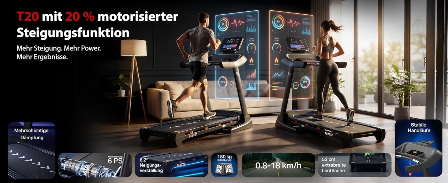 Бігова доріжка AsVIVA T20 Pro для дому: складана, швидкість до 18 км/год, нахил 20%, амортизація, макс. вага 150 кг, тренажер для кардіо та витривалості