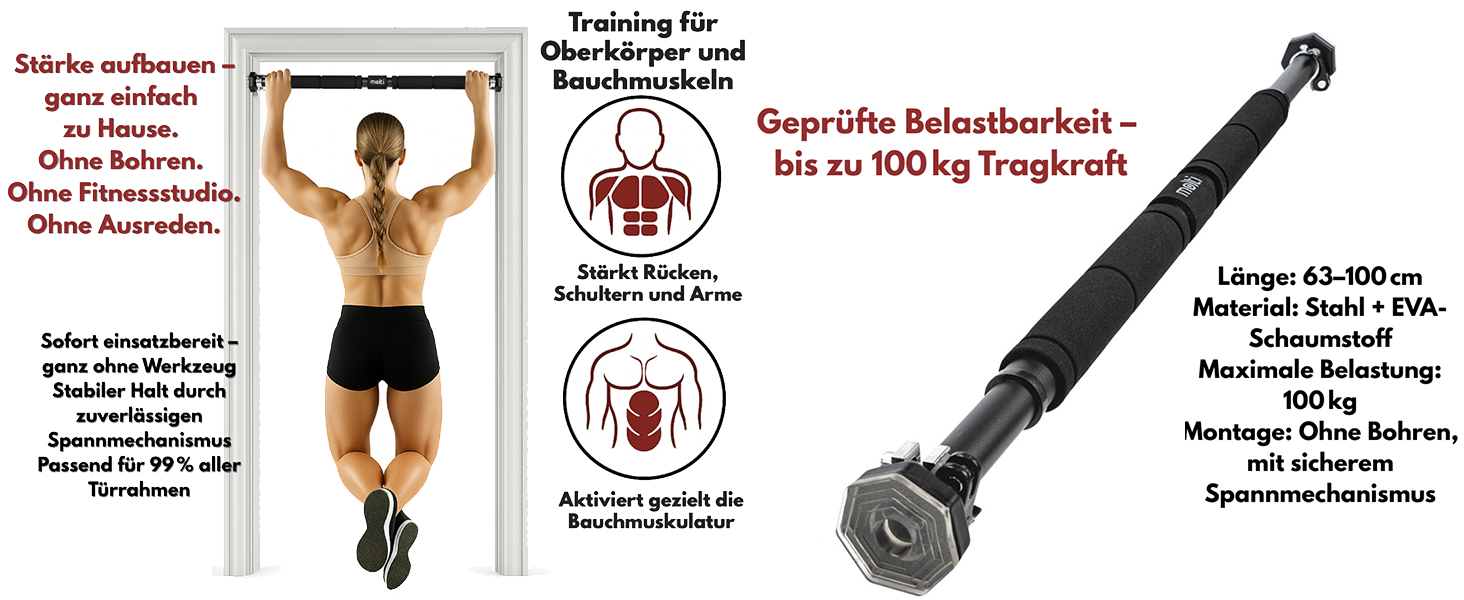 Кімнатна турнік Klimmzugstange для дверного прорізу, регульований 63–100 см, монтаж без свердління, нековзкі ручки, витримує до 100 кг