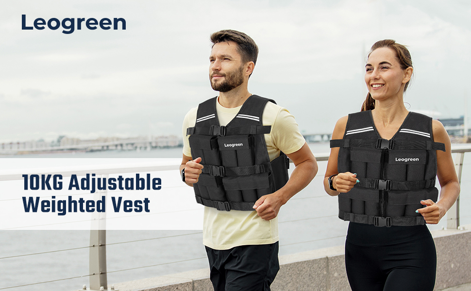Вага для тренувань Leogreen 10/20 кг, регульована, з 20 знімними вагами, світловідбиваючими смугами, для жінок та чоловіків, біг, силове тренування, чорна