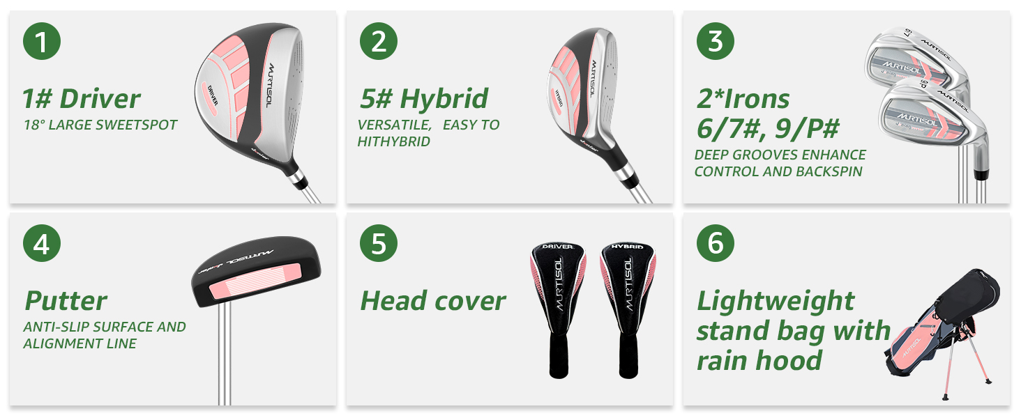 Комплект гольф-клубу на 6 предметів: повний набір з сумкою-стійкою, драйвер #1, гібрид #5, айрони #6/7, #9/P та паттер (для правшів, рожевий)