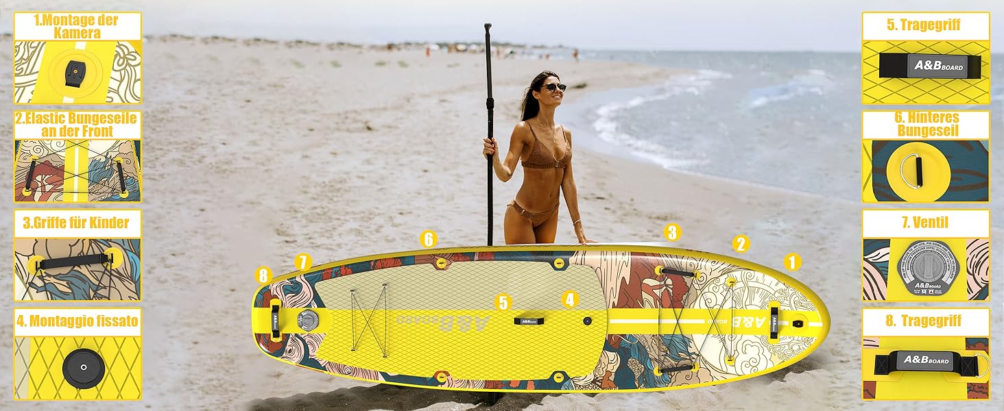 Надувний SUP-борд A&BBOARD з аксесуарами: насос, рюкзак, стабільний дизайн. Підходить для молоді та дорослих (жовтий + дракон)