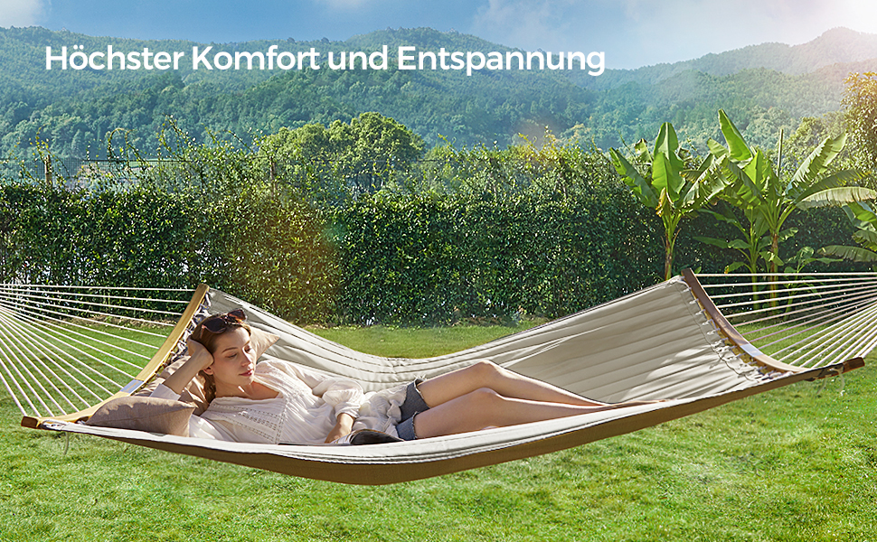 Гамак SONGMICS для 2 осіб з подушкою, сірий-бежевий, 200 x 140 см, до 225 кг, з бамбуковими стійками