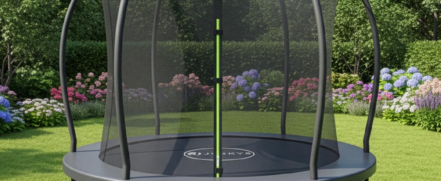 Батут Juskys SkyBounce – Ø 228/305/366 см, Outdoor, з сіткою безпеки, сходами та пружинами PowerSpring