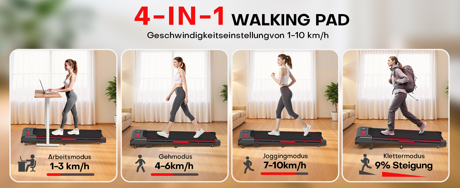 Бігова доріжка Walking Pad для дому з нахилом 9%, швидкість 1-10 км/год, потужність 2.5HP, LED-дисплеєм, дистанційним керуванням та 12 програмами, амортизація, до 150 кг, чорно-червона