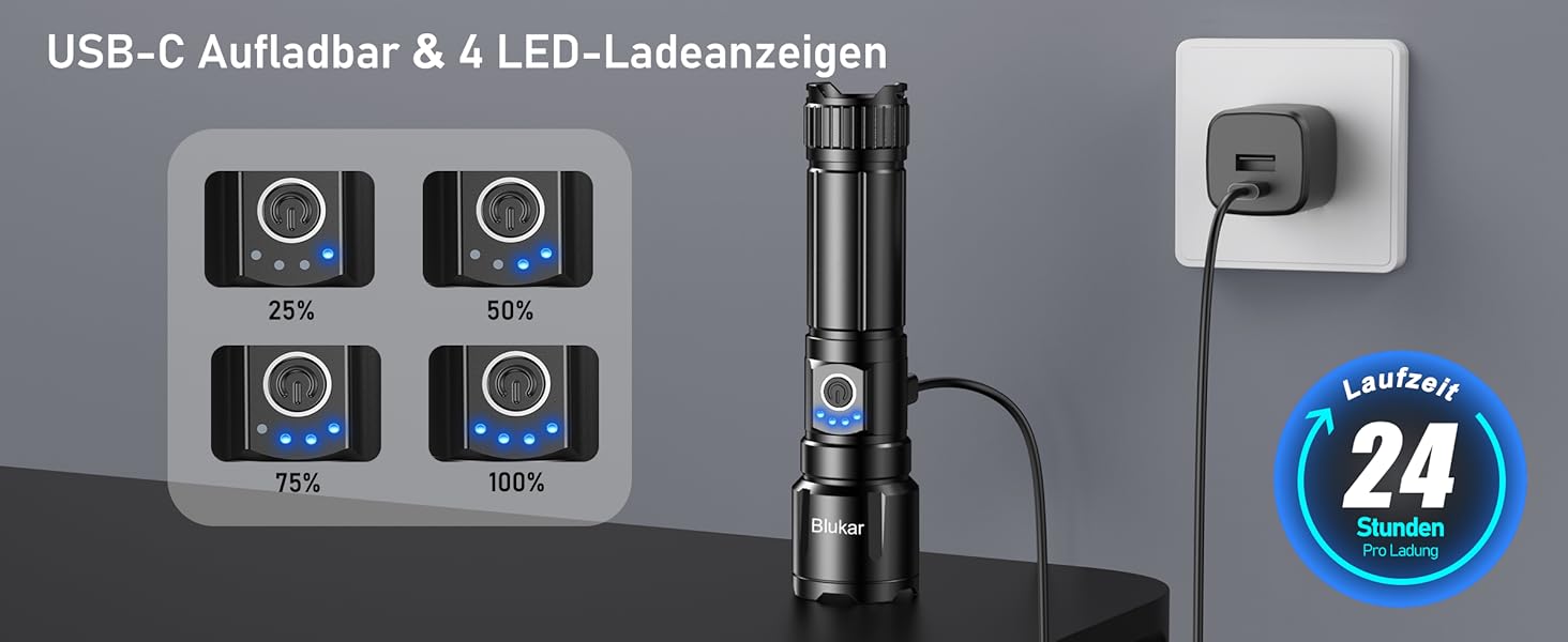 Ліхтар Blukar LED акумуляторний, 500000 люмен, тактичний, з функцією зуму, 5 режимів, водонепроникний IP67, для кемпінгу, туризму, риболовлі, надзвичайних ситуацій, чорний