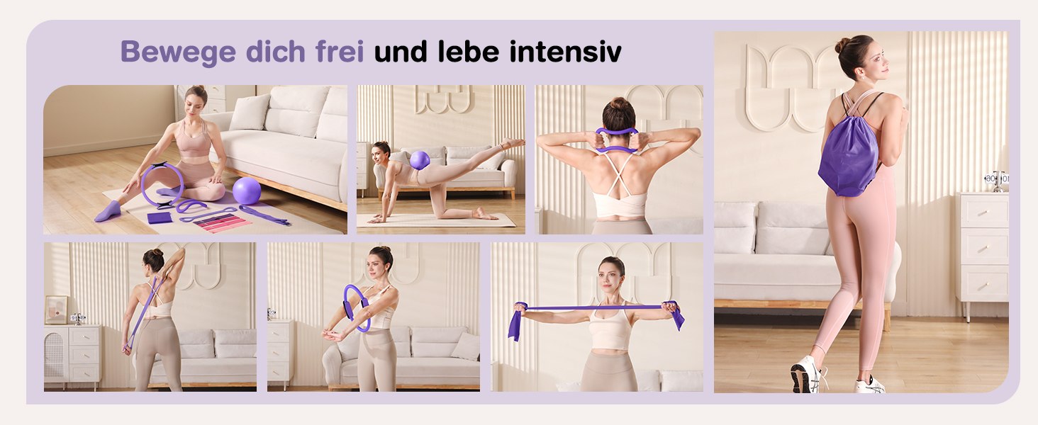 Набір для пілатесу 13 шт: кільце 13', фітбол 10' та еластичні стрічки для жінок. Комплект обладнання для пілатесу для початківців, фітнес-стрічки та аксесуари. Violett