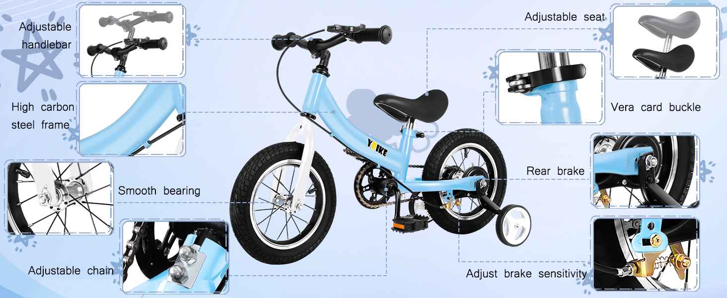 Дитячий велосипед YBIKE 2-в-1: біговел та велосипед, 12/14/16 дюймів, з гальмами та педалями, для дітей 1-7 років, блакитний