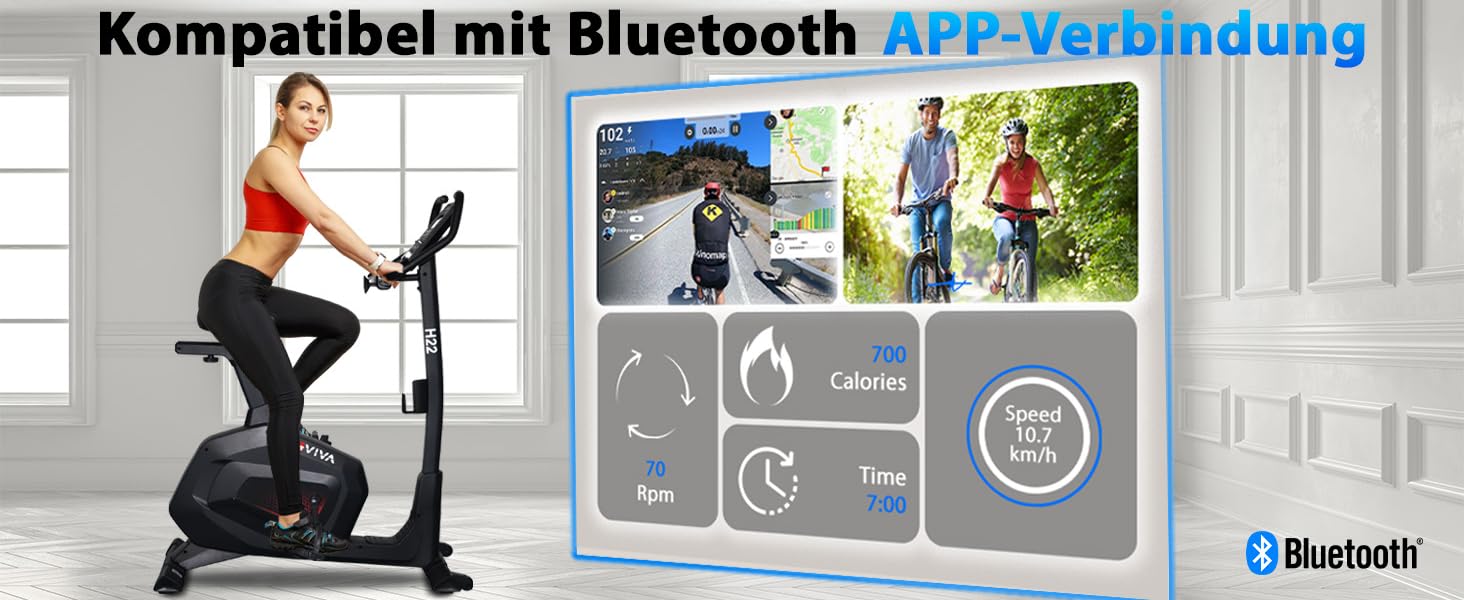 Велотренажер AsVIVA H22 Pro з Bluetooth, магнітним мотором, вимірюванням пульсу та програмами тренувань, сумісний з Kinomap App, для дому