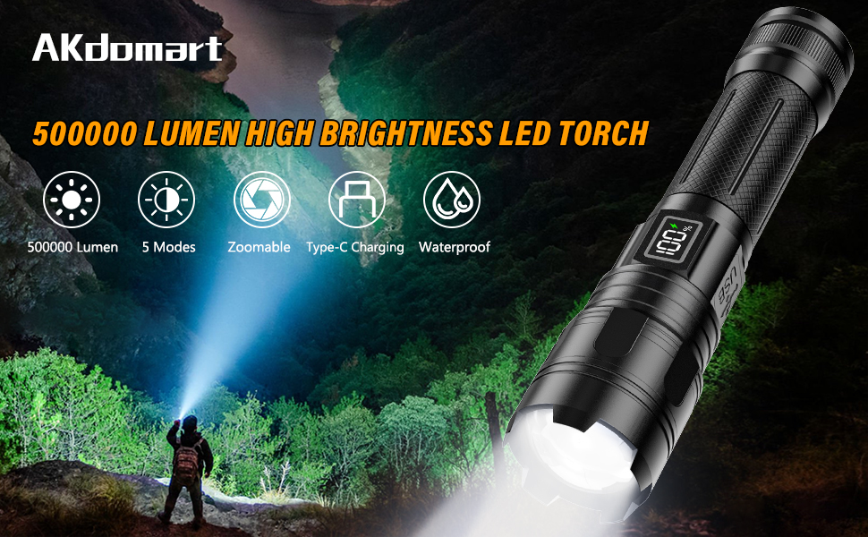 Ліхтар LED Akdomart XHM 70.2, 500000 люмен, USB, водонепроникний IP67, 5 режимів, чорний