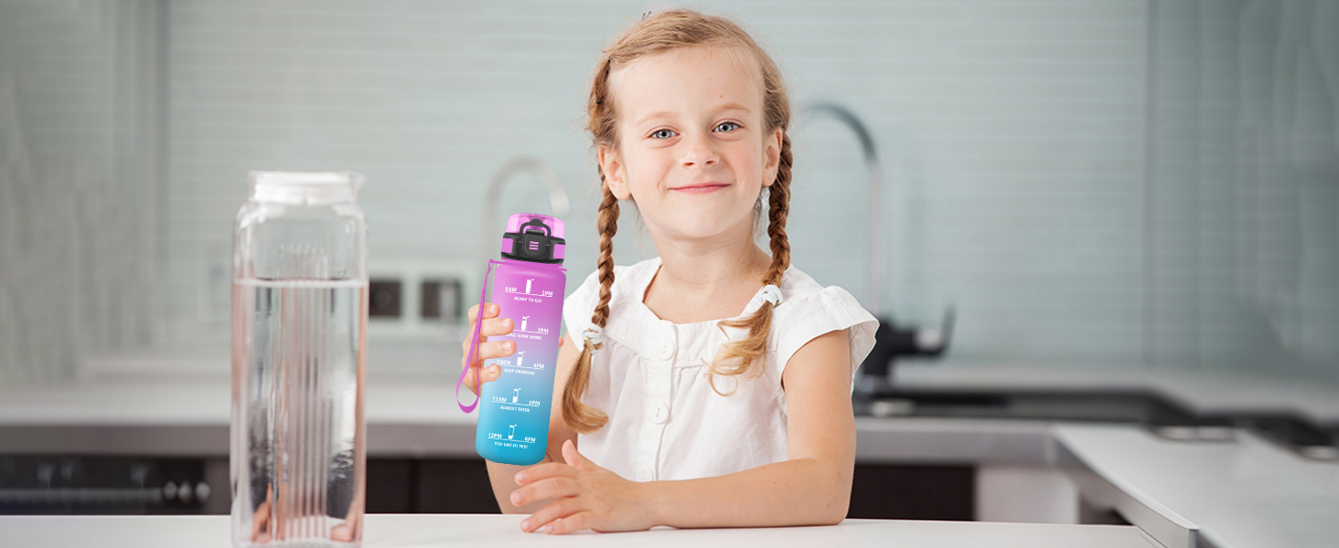 Спортивна пляшка 1л з позначенням часу, фільтром, для води з газом, без витоку. Підходить для велосипеда, бігу, дорослих. Колір: лавандово-рожевий