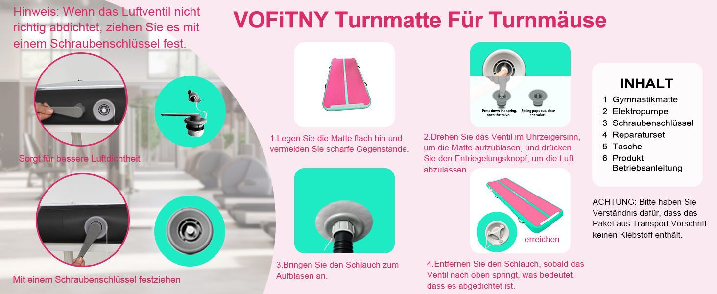 Гімнастичний надувний мат VOFiTNY товщиною 10/20 см для дому, парку, води. Розміри: 3/4/5/6 м. Рожевий/зелений колір.