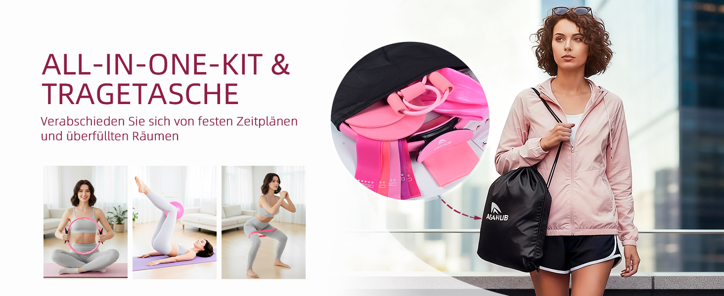 Набір для пілатесу Abahub: кільце 35 см, м'яч 25 см, 5 еластичних стрічок, шкарпетки для йоги, ковзаючі диски. Для жінок, домашні тренування, сила, гнучкість, стабільність та підтяжка тіла. Рожевий