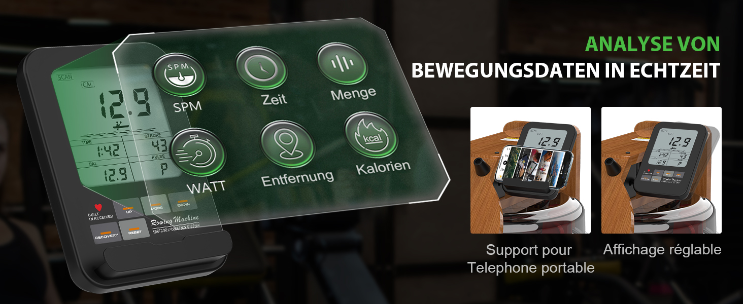 Гребний тренажер Neezee для дому, складаний, з масивного дерева, Bluetooth, підтримка планшета, до 200 кг, сумісний з Kinomap, коричневий