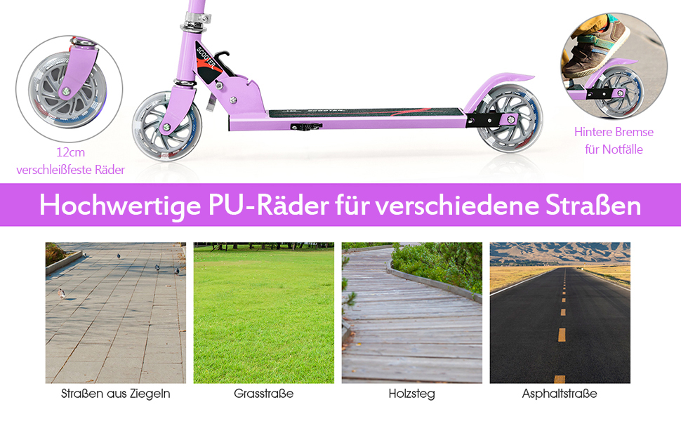 Дитячий ролер COSTWAY з LED-колесами, регульована висота, для дітей від 4 років, до 70 кг, ролер-каталка для хлопчиків та дівчаток (фіолетовий)