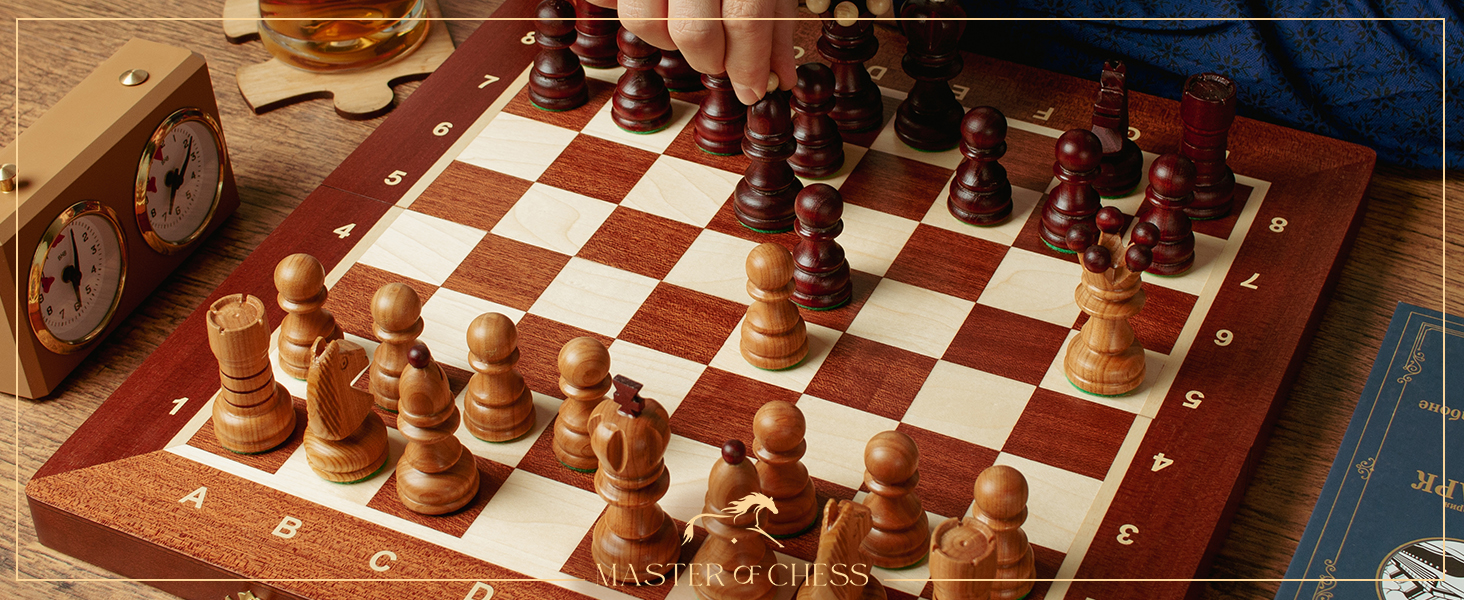 Шаховий набір Intarsien Pearl XL з вишневого дерева | Master of Chess | Шахи 42 см | Класичні шахи для дітей та дорослих - шахове поле та фігури з вишні XL