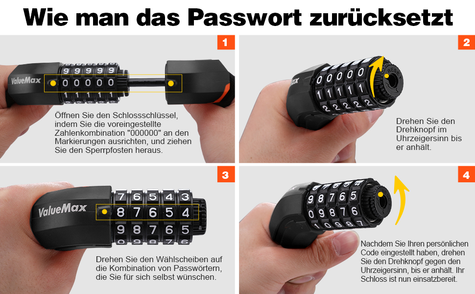 Замок для велосипеда ValueMax з кодовим замком, 100 см, 5-значний код, сталевий ланцюг 8 мм, чорний/білий