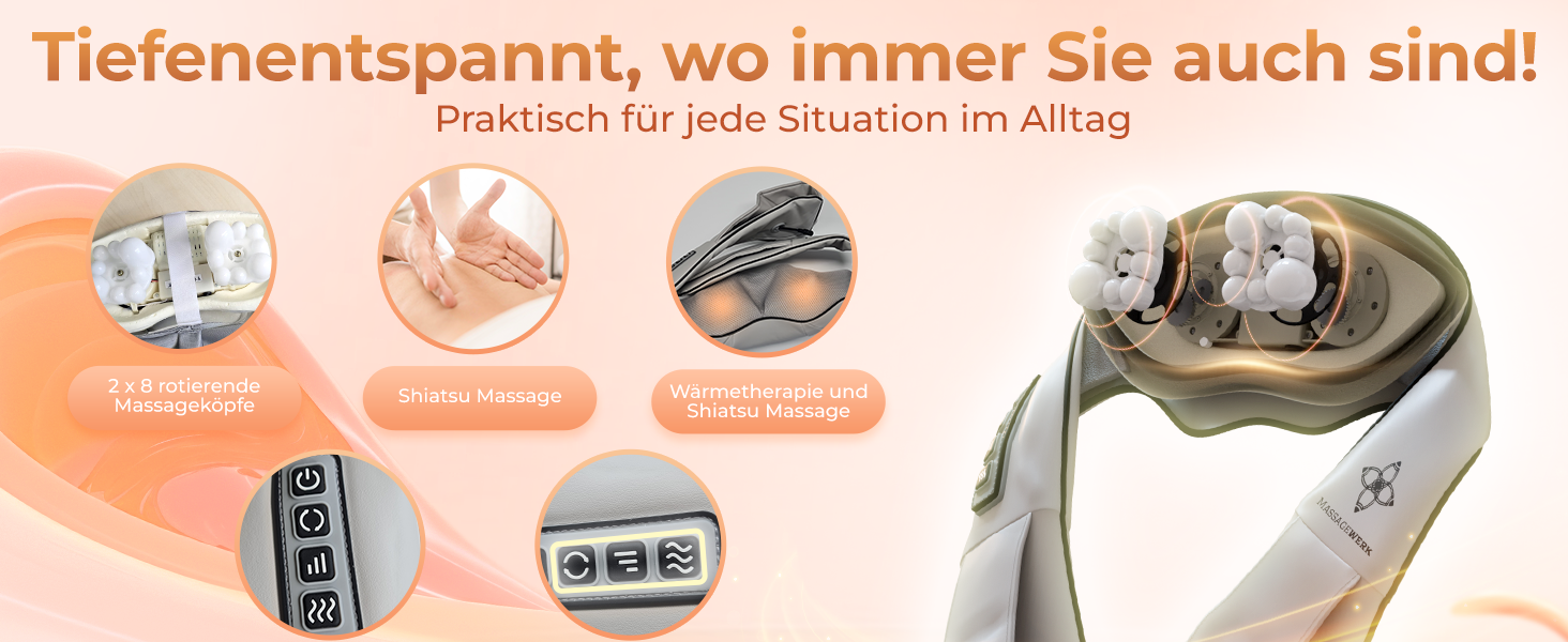 Електричний масажер MASSAGEWERK для шиї та спини з шиацу, функцією підігріву, ергономічний, для зняття м'язових болей, сірий