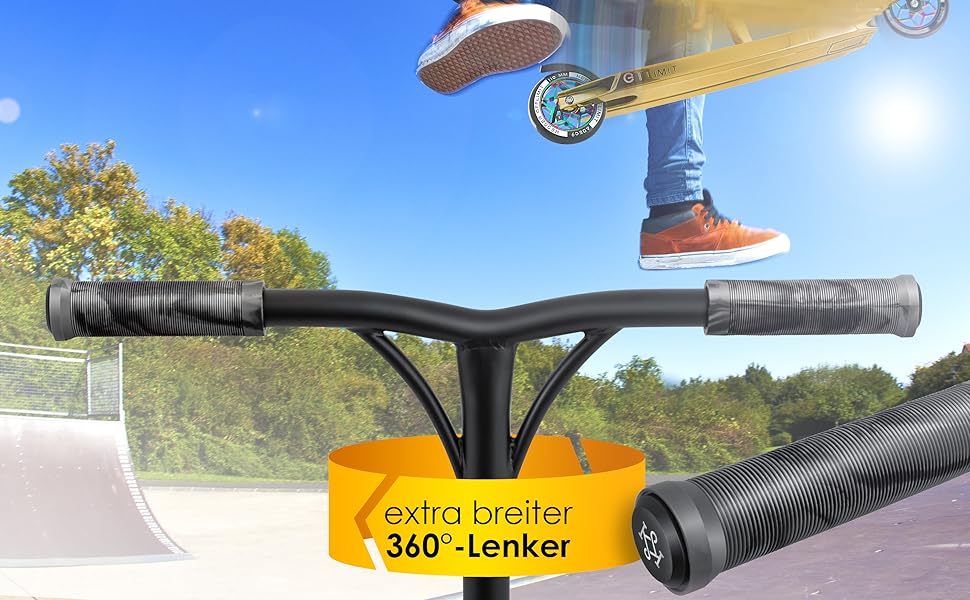 Трюковий скутер KESSER GT-Limit 360 з рульовим керуванням Веселий трюковий самокат з підставкою ABEC 9 кулькових підшипників, 110 мм PU колеса, Kick Scooter Kick Scooter City Scooter Trick Scooter для дітей дорослих (золото)