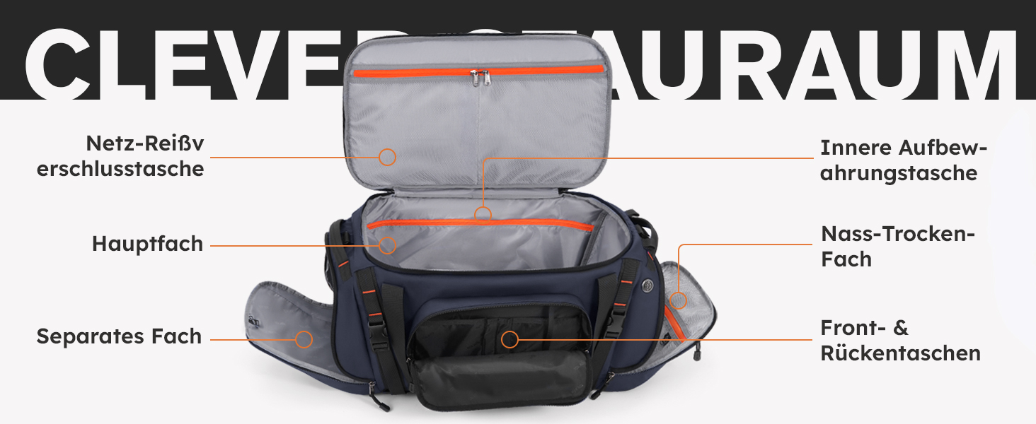 Спортивна сумка-рюкзак Tolaccea для чоловіків та жінок – велика дорожня сумка з відділенням для взуття, мокрою білизною та ноутбуком (15,6') – водонепроникна сумка-мішок для відпочинку, фітнесу, спорту та подорожей (Темно-синій, 40L)