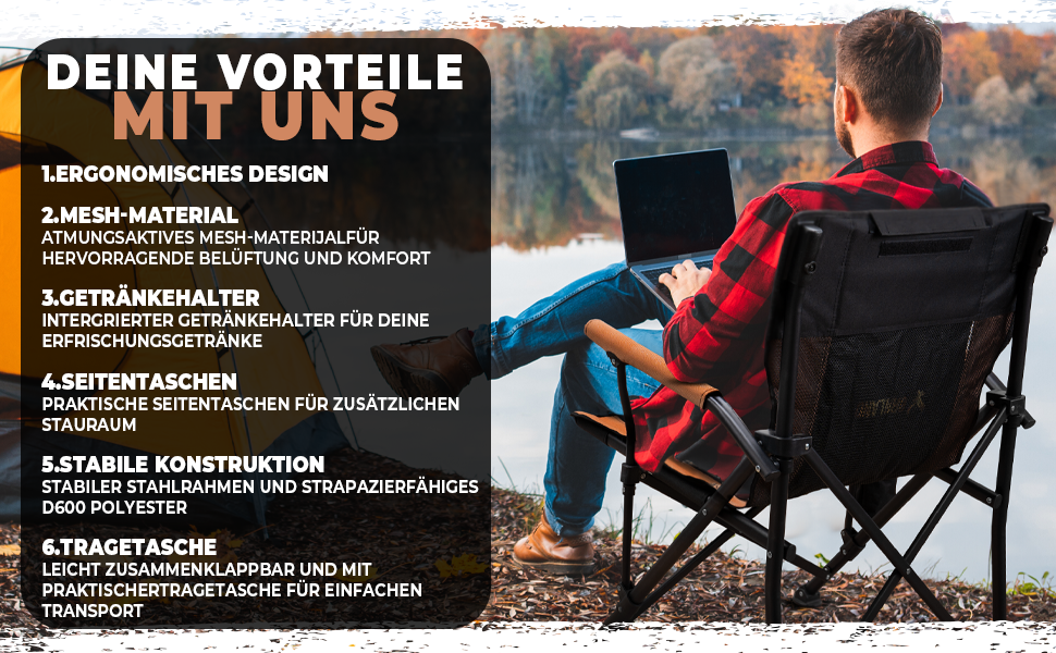 Складний туристичний стілець Ørnland для кемпінгу, риболовлі та пляжу - чорний/коричневий, до 150 кг, з кишенькою та підстаканником