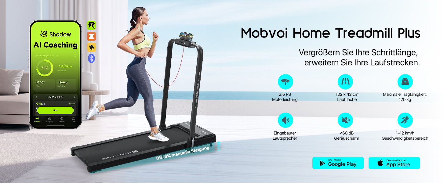 Беговая дорожка Mobvoi Home с искусственным интеллектом 3-в-1 для дома и офиса. Складний біговий тренажер з LED-дисплеєм, швидкістю 12 км/год, навантаженням до 120 кг та кутом нахилу 6% (TicSports, Zwift, Kinomap)