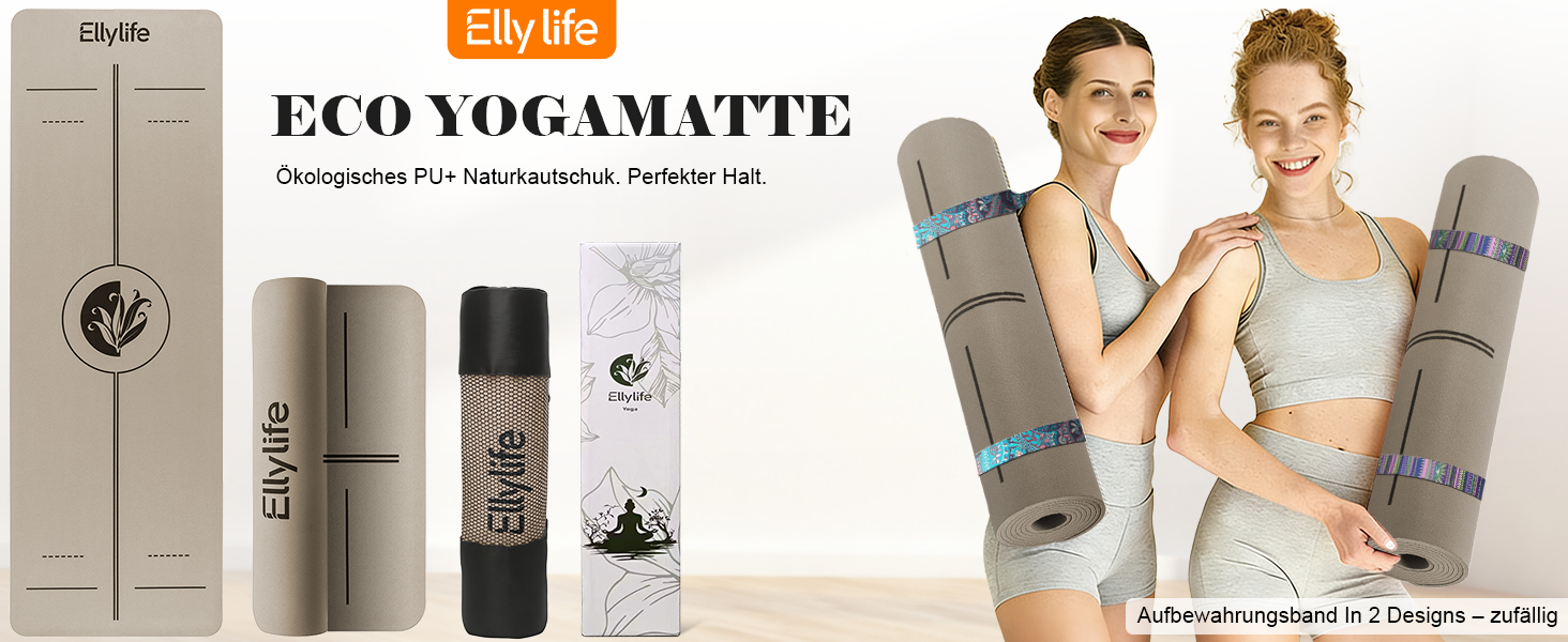 Килимок для йоги та пілатеса з еко-каучуку та TPE, протиковзкий з лініями розмітки, бежевий, 4мм, з ременем для перенесення