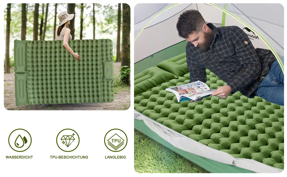 Надувний килимок для кемпінгу Isomatte 10см, самонадувний, з насосом, для туризму та відпочинку на природі (двоспальний, зелений)