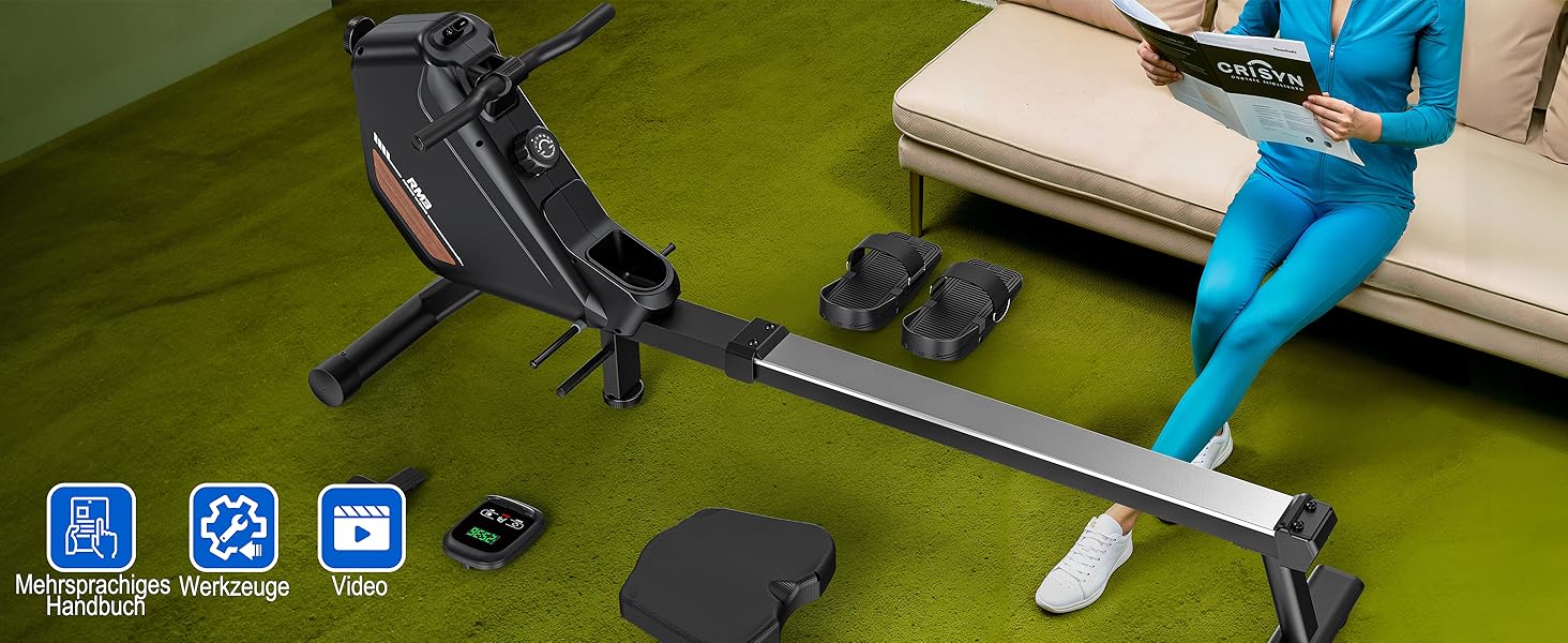 Гребний тренажер для дому з регульованим магнітним опором, Bluetooth-комп'ютером, вантажопідйомність 170 кг