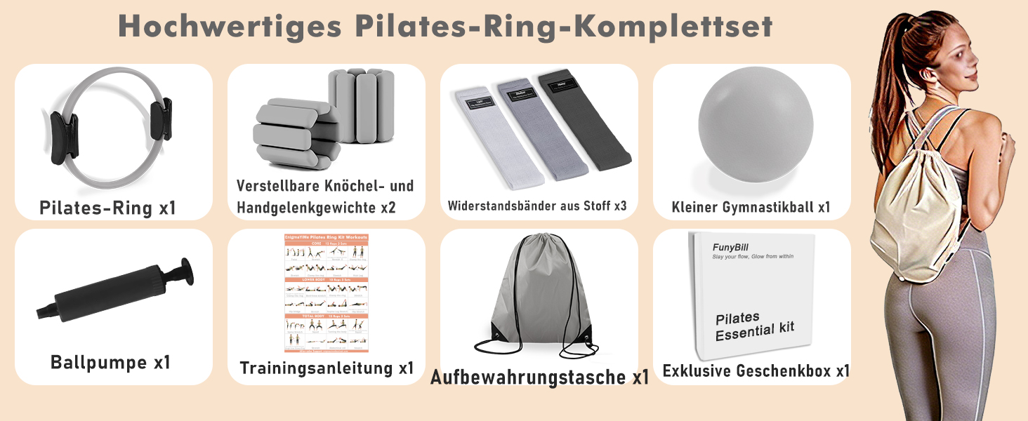 Pilates Ring Набір для домашніх тренувань: коло, ваги на щиколотки та зап'ястя, гумові стрічки, сірий колір