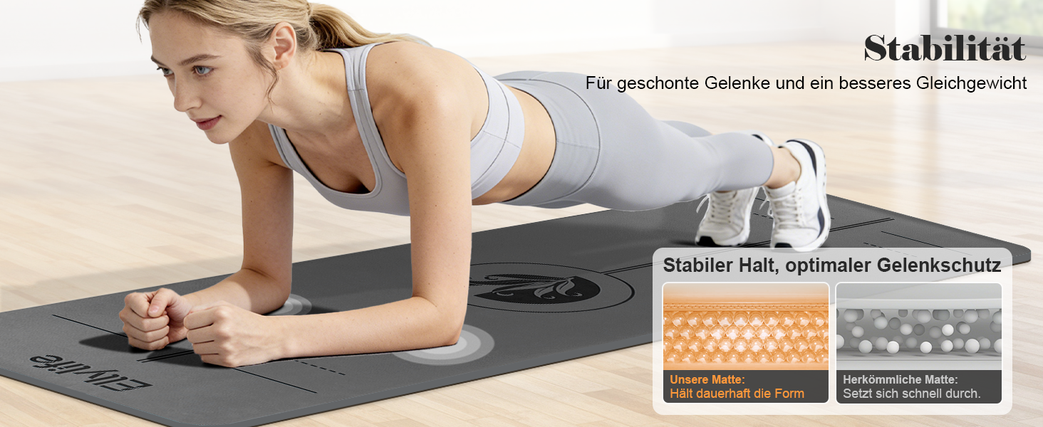 Протиковзкий килимок для йоги, пілатесу та фітнесу з еко-натурального каучуку та TPE, з лініями розмітки та ременем для перенесення, темно-сірий, 4 мм